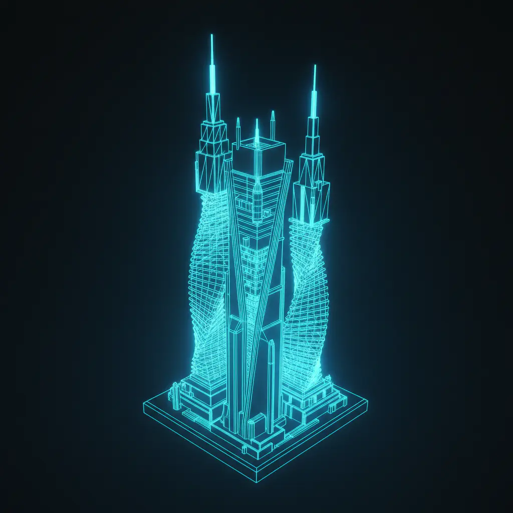 3D wireframe futuristic skyscraper glowing neon lines